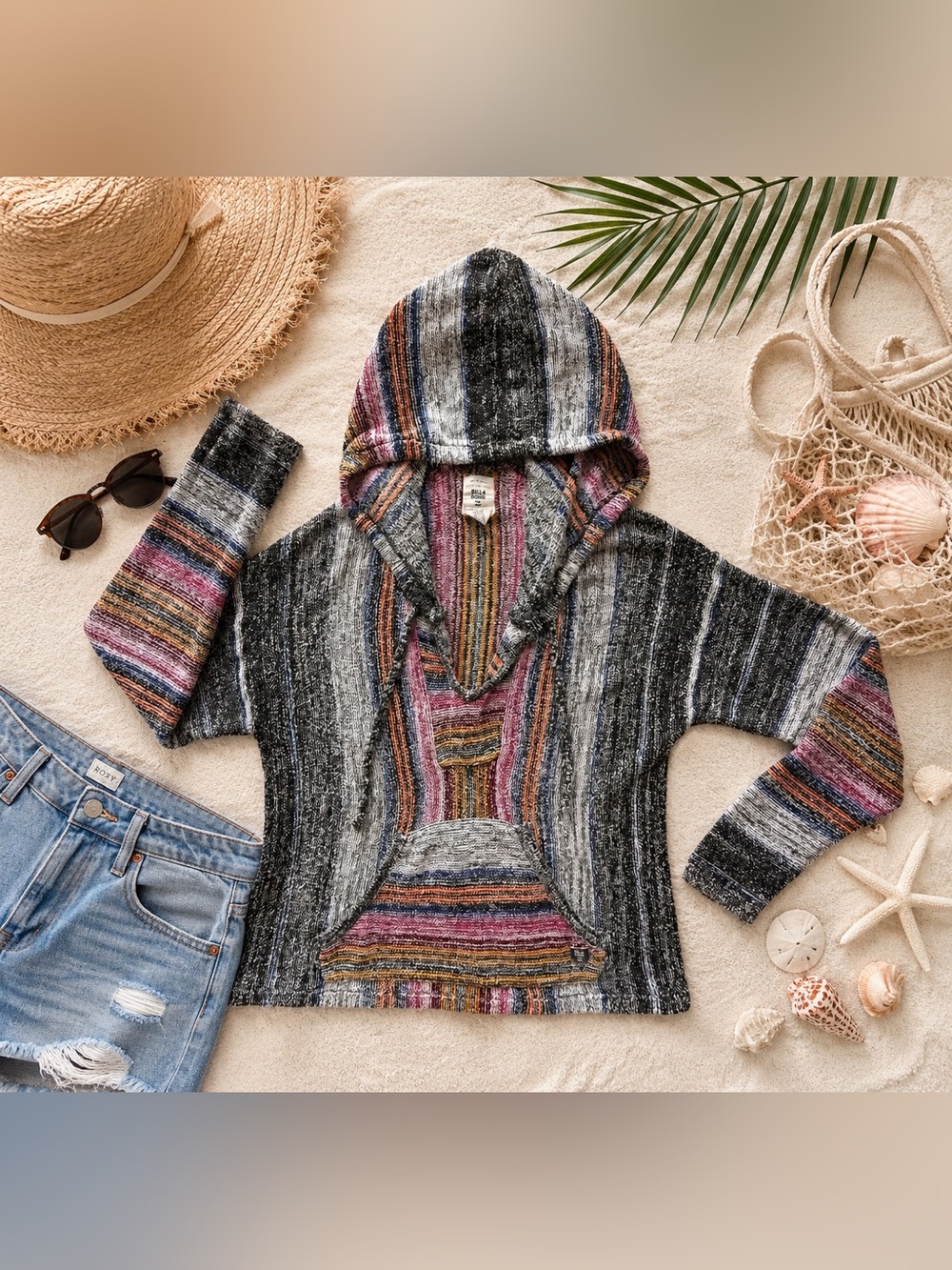 Billabong Baja Hoodie Multicolor Striped Pullover Boho Size L